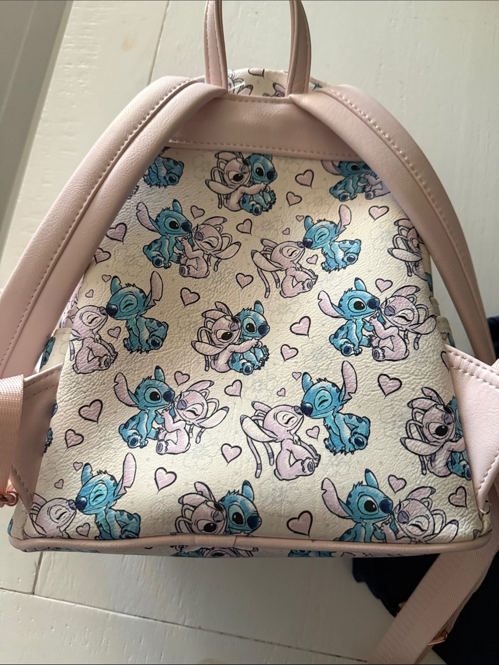 Loungefly Cream Mini Backpack with Blue & Pink Stitch Print - Picture 3 of 3